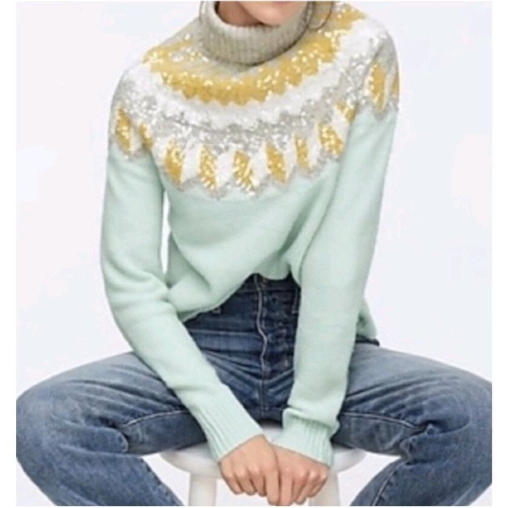 J.Crew Supersoft Sequin Fair Isle Turtleneck Sweater Sea Spray Heather Size XXL
